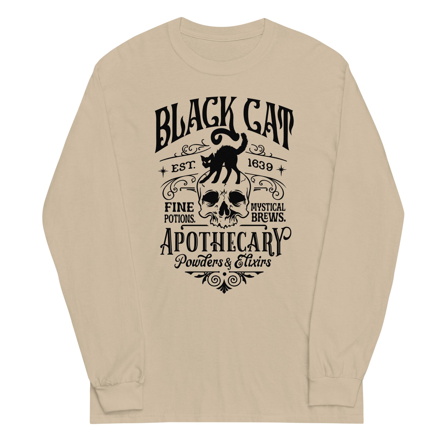 Unisex Long Sleeve Tee Black Cat Apothecary Black Ink