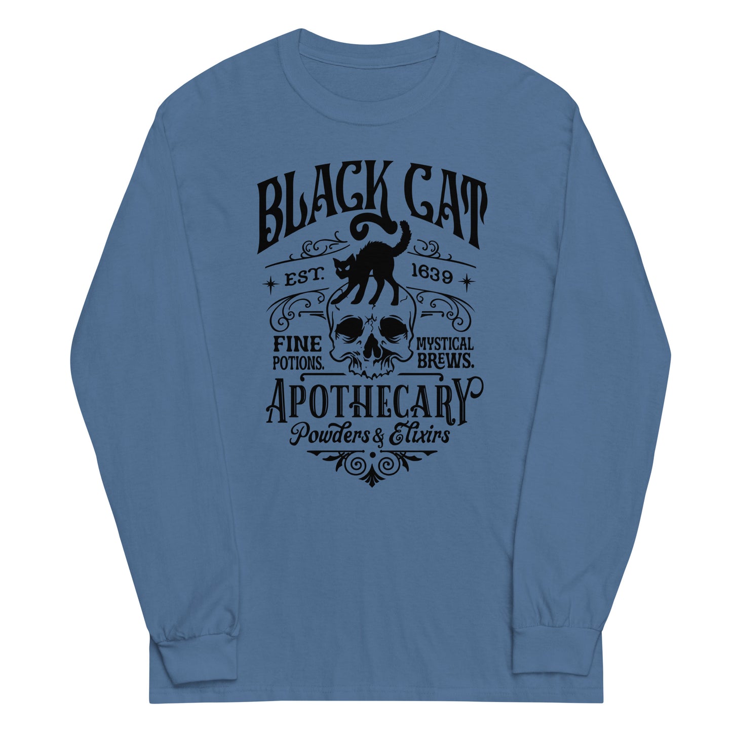 Unisex Long Sleeve Tee Black Cat Apothecary Black Ink