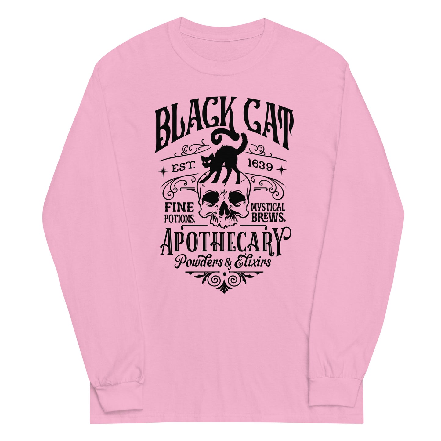 Unisex Long Sleeve Tee Black Cat Apothecary Black Ink