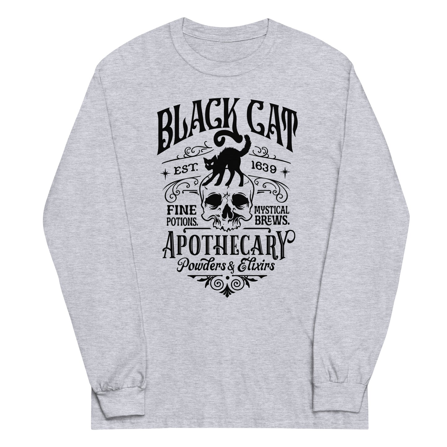 Unisex Long Sleeve Tee Black Cat Apothecary Black Ink