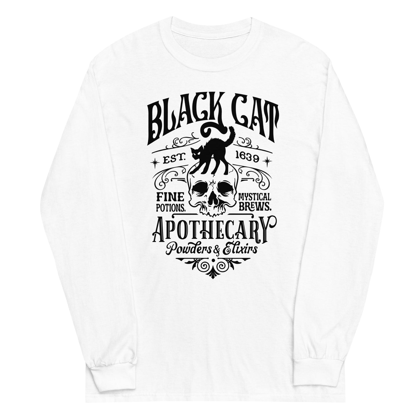 Unisex Long Sleeve Tee Black Cat Apothecary Black Ink