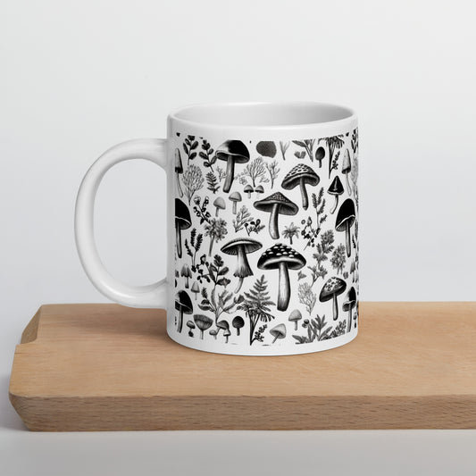 White Glossy 20oz Mug Monochromatic Mushies