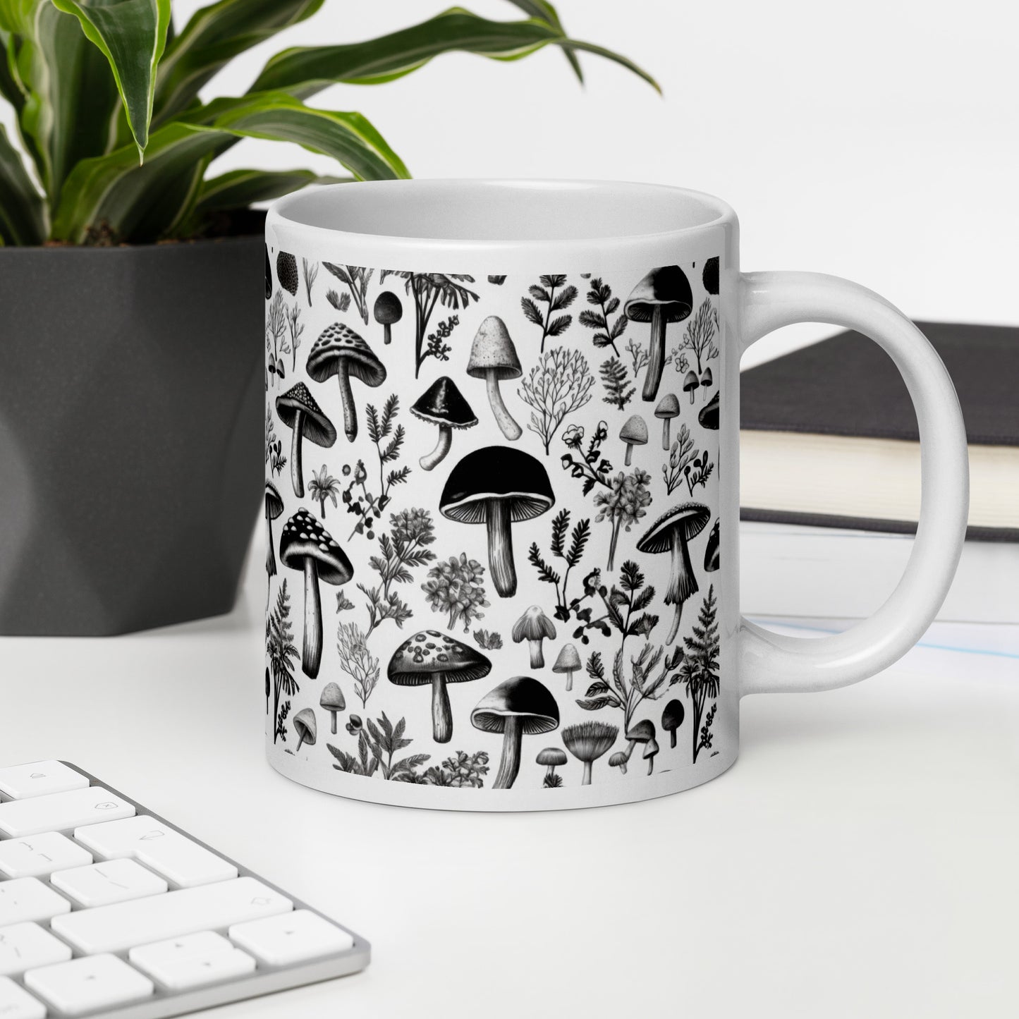 White Glossy 20oz Mug Monochromatic Mushies