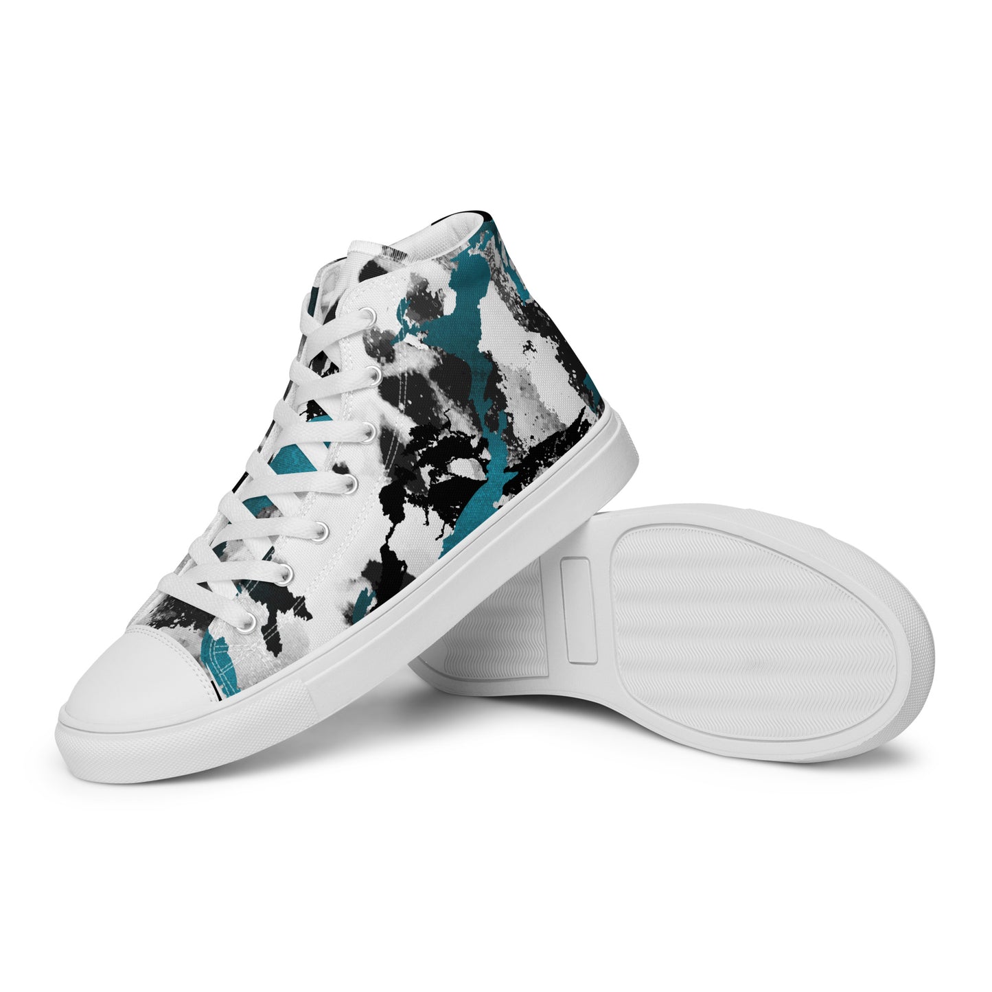 Women’s High Top Canvas Shoes Black and Teal Ink Spill