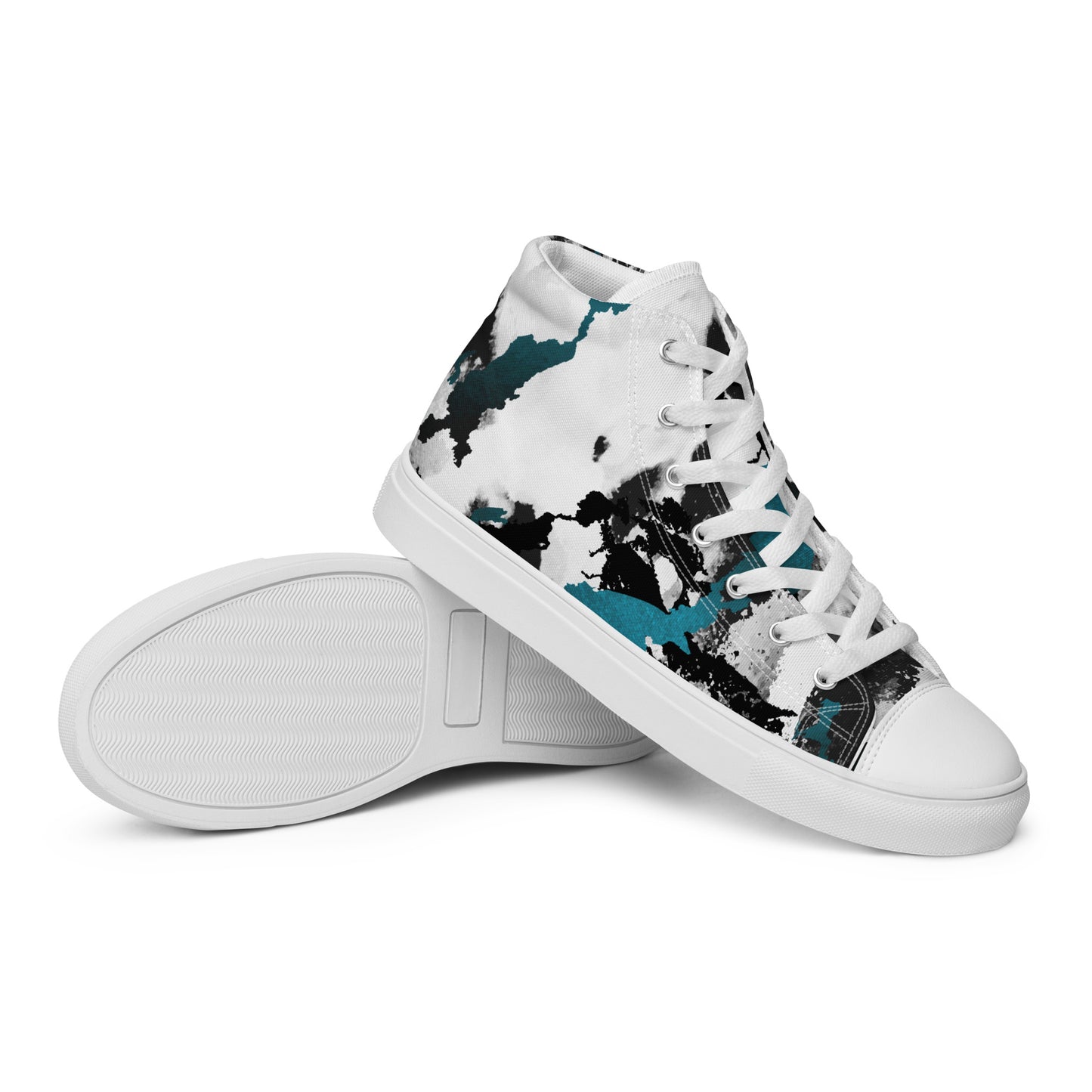 Women’s High Top Canvas Shoes Black and Teal Ink Spill